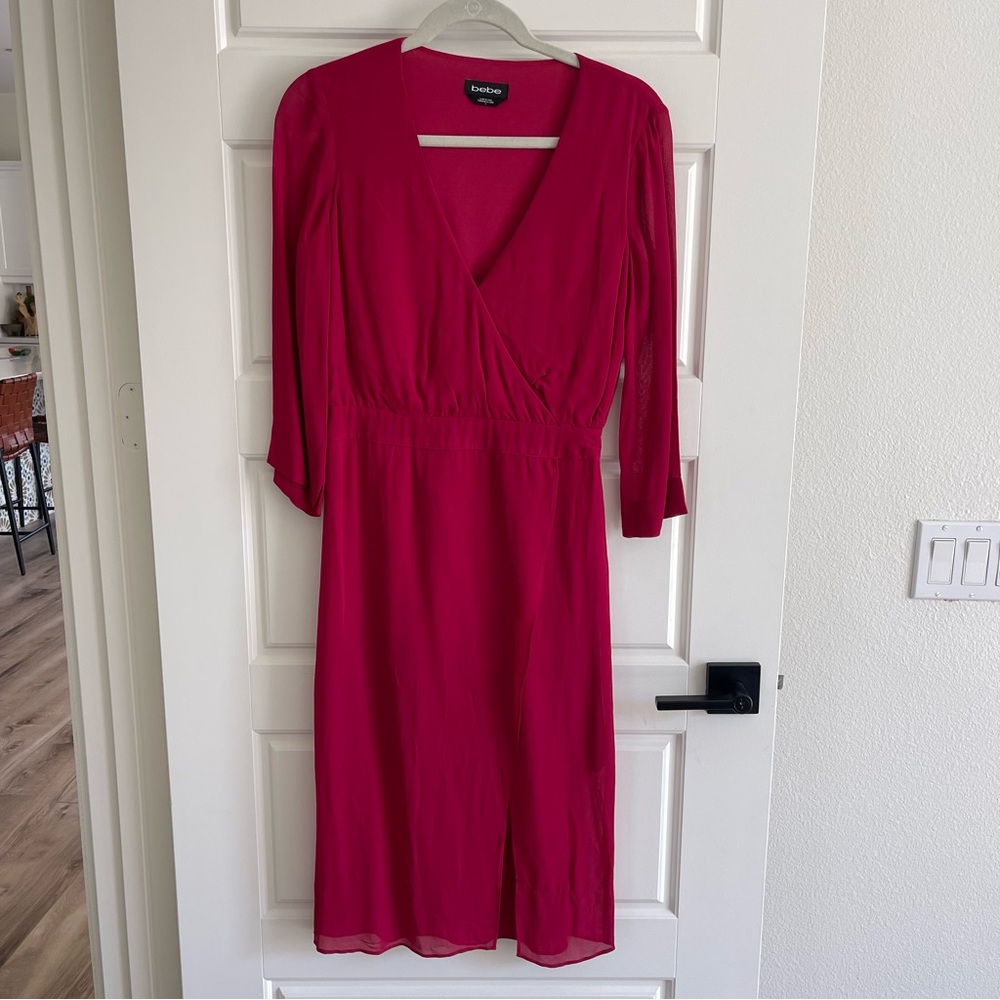 Bebe Red Sheath Dress with V-Neck and Bishop Sleeves
